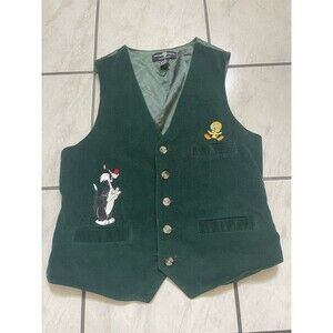 Vintage Men's Warner Brothers Looney Tunes Green Corduroy Vest Size Medium